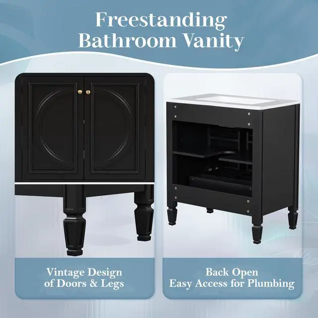 Alt view image 6 of 6 - 30 Inch Black Bathroom Vanity with Sink,Vintage Bathroom Sink Cabinet 30 Inch,Drop-In with Integrated Countertop,2 Storage Door Organizers & Sliding Tray,Adjustable Shelf,Soft Closing,Solid Wood Frame