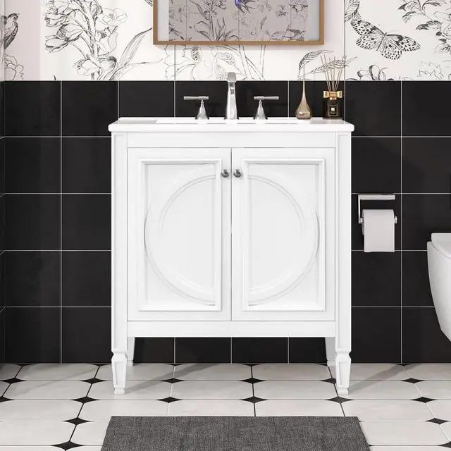 Main image of 30 Inch White Bathroom Vanity with Sink,Vintage Bathroom Sink Cabinet 30 Inch,Drop-In with Integrated Countertop,2 Storage Door Organizers & Sliding Tray,Adjustable Shelf,Soft Closing,Solid Wood Frame