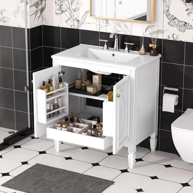 Alt view image 3 of 6 - 30 Inch White Bathroom Vanity with Sink,Vintage Bathroom Sink Cabinet 30 Inch,Drop-In with Integrated Countertop,2 Storage Door Organizers & Sliding Tray,Adjustable Shelf,Soft Closing,Solid Wood Frame