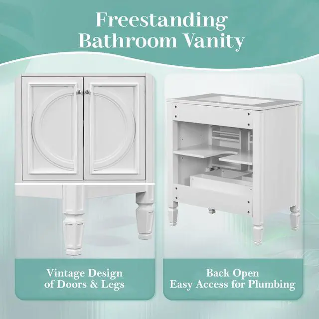Alt view image 5 of 6 - 30 Inch White Bathroom Vanity with Sink,Vintage Bathroom Sink Cabinet 30 Inch,Drop-In with Integrated Countertop,2 Storage Door Organizers & Sliding Tray,Adjustable Shelf,Soft Closing,Solid Wood Frame