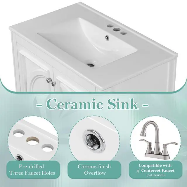 Alt view image 6 of 6 - 30 Inch White Bathroom Vanity with Sink,Vintage Bathroom Sink Cabinet 30 Inch,Drop-In with Integrated Countertop,2 Storage Door Organizers & Sliding Tray,Adjustable Shelf,Soft Closing,Solid Wood Frame