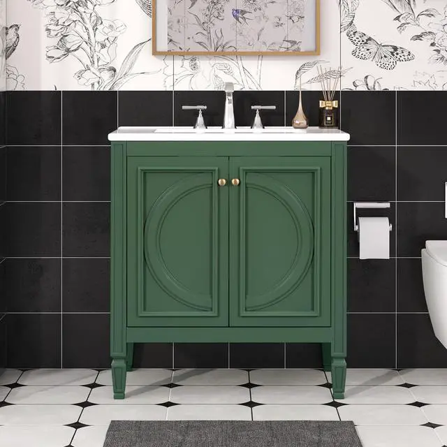 Main image of 30 Inch Green Bathroom Vanity with Sink,Vintage Bathroom Sink Cabinet 30 Inch,Drop-In with Integrated Countertop,2 Storage Door Organizers & Sliding Tray,Adjustable Shelf,Soft Closing,Solid Wood Frame