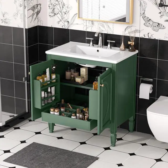Alt view image 3 of 6 - 30 Inch Green Bathroom Vanity with Sink,Vintage Bathroom Sink Cabinet 30 Inch,Drop-In with Integrated Countertop,2 Storage Door Organizers & Sliding Tray,Adjustable Shelf,Soft Closing,Solid Wood Frame