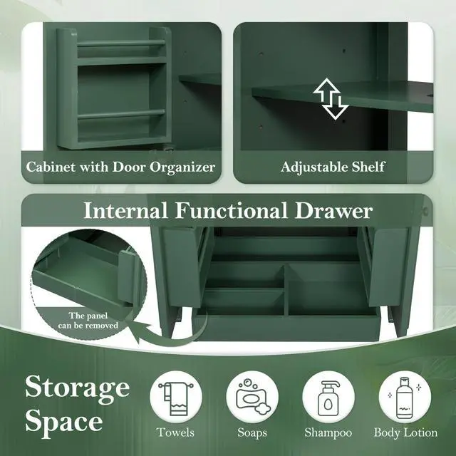 Alt view image 5 of 6 - 30 Inch Green Bathroom Vanity with Sink,Vintage Bathroom Sink Cabinet 30 Inch,Drop-In with Integrated Countertop,2 Storage Door Organizers & Sliding Tray,Adjustable Shelf,Soft Closing,Solid Wood Frame