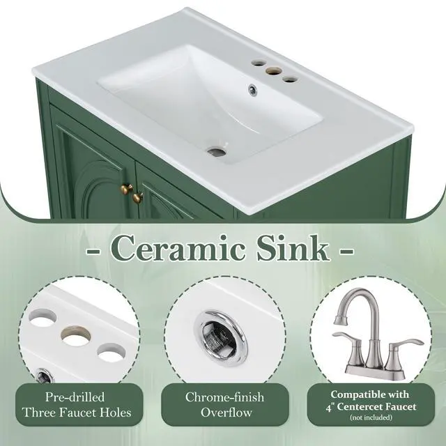 Alt view image 6 of 6 - 30 Inch Green Bathroom Vanity with Sink,Vintage Bathroom Sink Cabinet 30 Inch,Drop-In with Integrated Countertop,2 Storage Door Organizers & Sliding Tray,Adjustable Shelf,Soft Closing,Solid Wood Frame