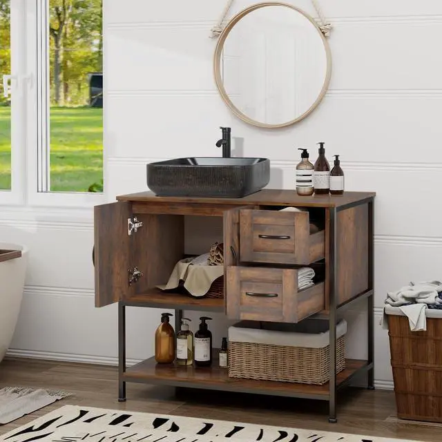 Alt view image 3 of 6 - Bathroom Vanity, 36" Rustic Brown Bathroom Vanity with Sink Combo,Faucet,Pop up Drain Set,Farmhouse Modern Cabinet with Black Art Ceramic Vessel Sink