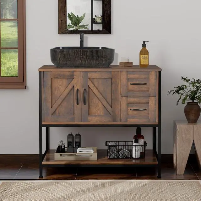 Alt view image 4 of 6 - Bathroom Vanity, 36" Rustic Brown Bathroom Vanity with Sink Combo,Faucet,Pop up Drain Set,Farmhouse Modern Cabinet with Black Art Ceramic Vessel Sink
