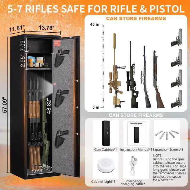 Alt view image 2 of 6 - Gun Safe for Rifles and Pistols, 5-7 Biometric Gun Safe with Inner Lock Box, Gun Safes for Home Rifle and Pistols with Removable Shelf, LED Light, Fingerprint Unlock