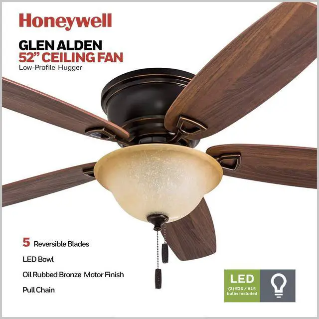 Alt view image 2 of 6 - Glen Alden 52 Inch Indoor LED Ceiling Fan with Bowl Light, Pull Chain Control, 5 Dual-Finish Blades, Quiet Reversible Motor, White