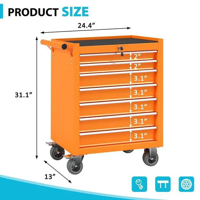 Alt view image 3 of 6 - 7 Drawers Rolling Tool Box, Portable Storage Tool Chest with Wheels, Toolbox with Lock for Warehouse, Garage, Repair Shop and Tool Room
