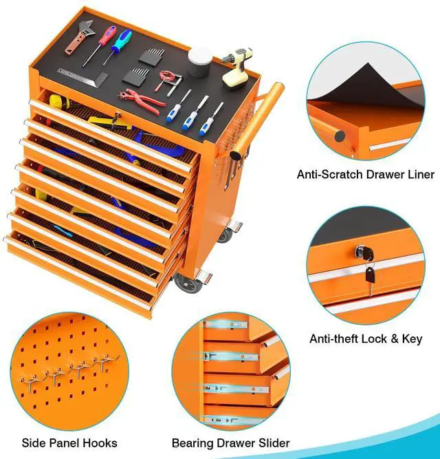 Alt view image 4 of 6 - 7 Drawers Rolling Tool Box, Portable Storage Tool Chest with Wheels, Toolbox with Lock for Warehouse, Garage, Repair Shop and Tool Room