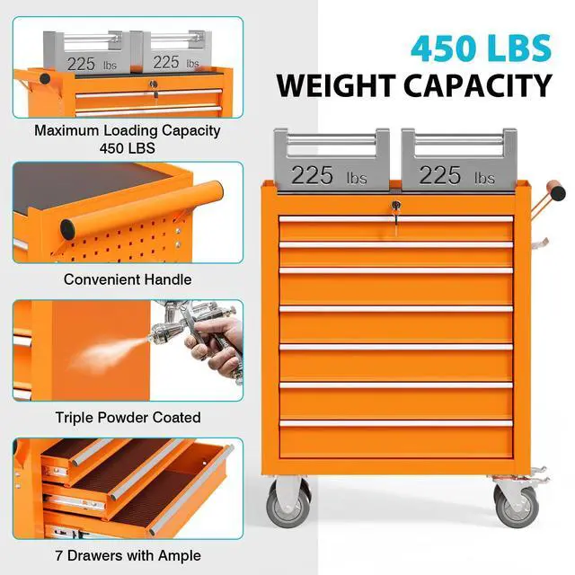 Alt view image 5 of 6 - 7 Drawers Rolling Tool Box, Portable Storage Tool Chest with Wheels, Toolbox with Lock for Warehouse, Garage, Repair Shop and Tool Room