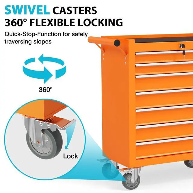 Alt view image 6 of 6 - 7 Drawers Rolling Tool Box, Portable Storage Tool Chest with Wheels, Toolbox with Lock for Warehouse, Garage, Repair Shop and Tool Room