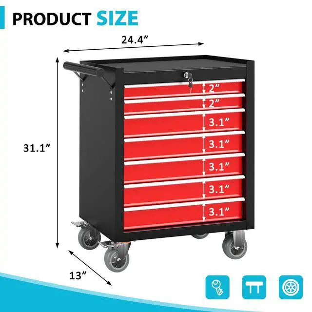 Alt view image 3 of 6 - 7 Drawers Rolling Tool Chest, Portable Storage Tool Box with Wheels, Tool Chest with Lock for Warehouse, Garage, Repair Shop and Tool Room