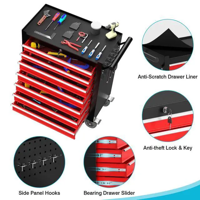 Alt view image 4 of 6 - 7 Drawers Rolling Tool Chest, Portable Storage Tool Box with Wheels, Tool Chest with Lock for Warehouse, Garage, Repair Shop and Tool Room