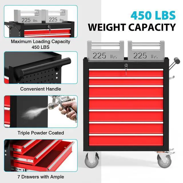Alt view image 5 of 6 - 7 Drawers Rolling Tool Chest, Portable Storage Tool Box with Wheels, Tool Chest with Lock for Warehouse, Garage, Repair Shop and Tool Room