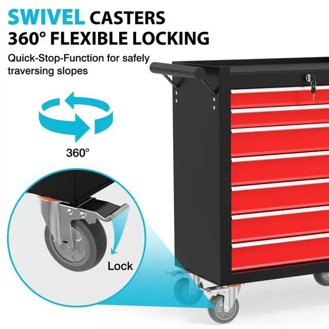 Alt view image 6 of 6 - 7 Drawers Rolling Tool Chest, Portable Storage Tool Box with Wheels, Tool Chest with Lock for Warehouse, Garage, Repair Shop and Tool Room