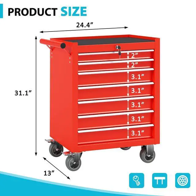 Alt view image 3 of 6 - 7 Drawers Rolling Tool Chest, Portable Storage Tool Box with Wheels, Tool Chest with Lock for Warehouse, Garage, Repair Shop and Tool Room