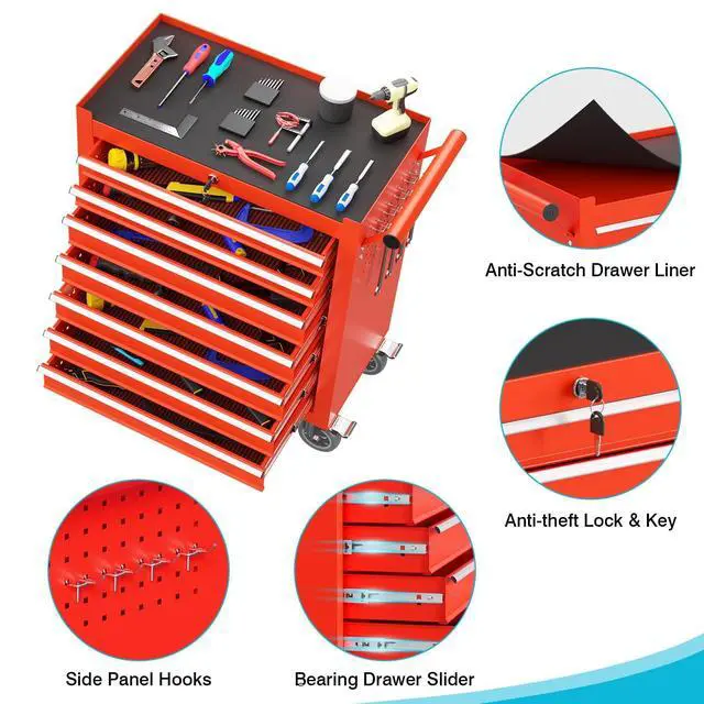 Alt view image 4 of 6 - 7 Drawers Rolling Tool Chest, Portable Storage Tool Box with Wheels, Tool Chest with Lock for Warehouse, Garage, Repair Shop and Tool Room