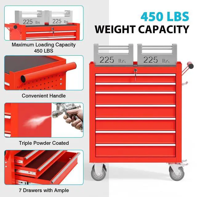 Alt view image 5 of 6 - 7 Drawers Rolling Tool Chest, Portable Storage Tool Box with Wheels, Tool Chest with Lock for Warehouse, Garage, Repair Shop and Tool Room
