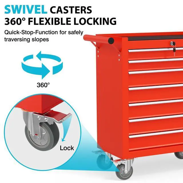 Alt view image 6 of 6 - 7 Drawers Rolling Tool Chest, Portable Storage Tool Box with Wheels, Tool Chest with Lock for Warehouse, Garage, Repair Shop and Tool Room