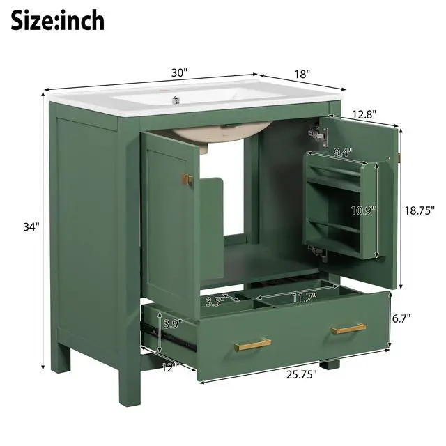 Alt view image 2 of 6 - 30 Inch Bathroom Vanity with Sink, Black Bathroom Vanity for Small Bathroom, Freestanding Vanity Cabinet with Door Shelves and Drawer Organizer, Ceramic Sink, 4-Inch Faucet Holes (Green)