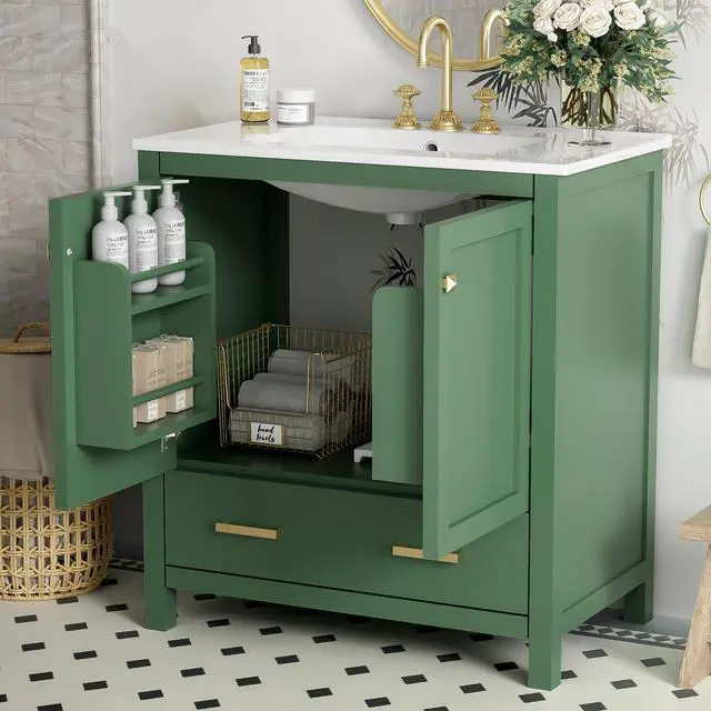 Alt view image 3 of 6 - 30 Inch Bathroom Vanity with Sink, Black Bathroom Vanity for Small Bathroom, Freestanding Vanity Cabinet with Door Shelves and Drawer Organizer, Ceramic Sink, 4-Inch Faucet Holes (Green)