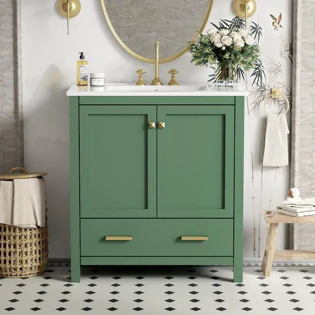 Alt view image 5 of 6 - 30 Inch Bathroom Vanity with Sink, Black Bathroom Vanity for Small Bathroom, Freestanding Vanity Cabinet with Door Shelves and Drawer Organizer, Ceramic Sink, 4-Inch Faucet Holes (Green)
