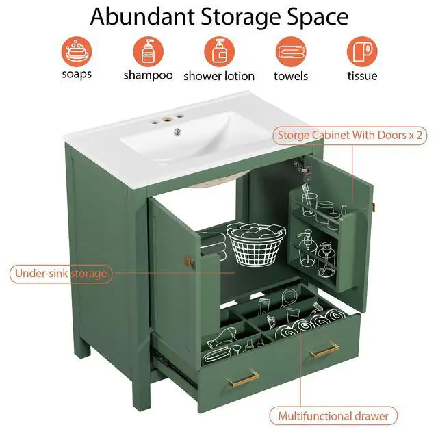 Alt view image 6 of 6 - 30 Inch Bathroom Vanity with Sink, Black Bathroom Vanity for Small Bathroom, Freestanding Vanity Cabinet with Door Shelves and Drawer Organizer, Ceramic Sink, 4-Inch Faucet Holes (Green)