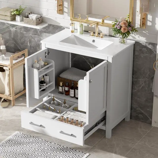 Main image of 30 Inch Bathroom Vanity with Sink, Black Bathroom Vanity for Small Bathroom, Freestanding Vanity Cabinet with Door Shelves and Drawer Organizer, Ceramic Sink, 4-Inch Faucet Holes (White)