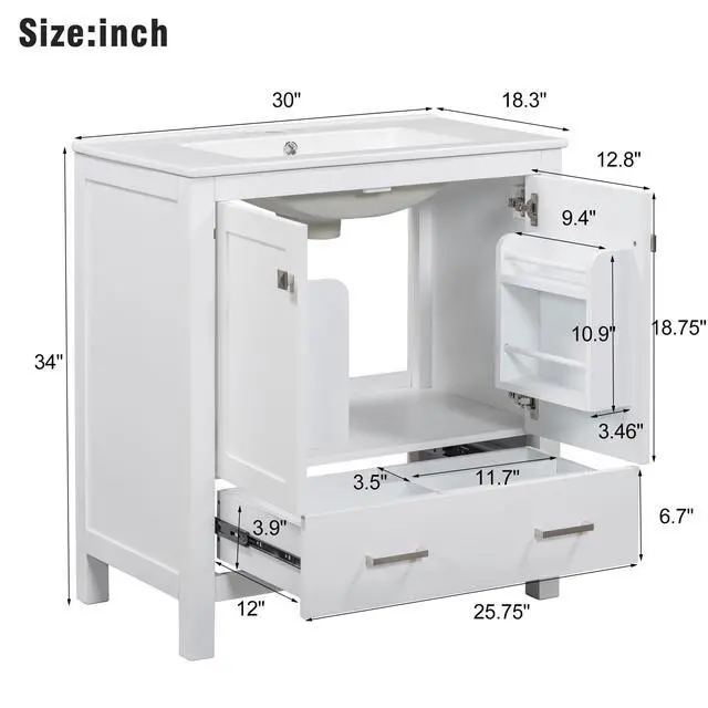Alt view image 2 of 6 - 30 Inch Bathroom Vanity with Sink, Black Bathroom Vanity for Small Bathroom, Freestanding Vanity Cabinet with Door Shelves and Drawer Organizer, Ceramic Sink, 4-Inch Faucet Holes (White)