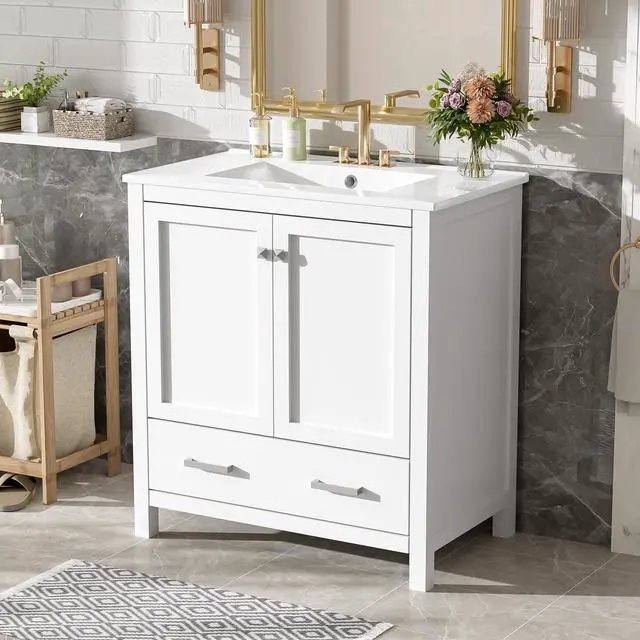 Alt view image 3 of 6 - 30 Inch Bathroom Vanity with Sink, Black Bathroom Vanity for Small Bathroom, Freestanding Vanity Cabinet with Door Shelves and Drawer Organizer, Ceramic Sink, 4-Inch Faucet Holes (White)
