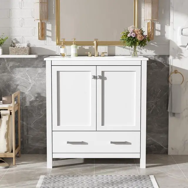 Alt view image 4 of 6 - 30 Inch Bathroom Vanity with Sink, Black Bathroom Vanity for Small Bathroom, Freestanding Vanity Cabinet with Door Shelves and Drawer Organizer, Ceramic Sink, 4-Inch Faucet Holes (White)