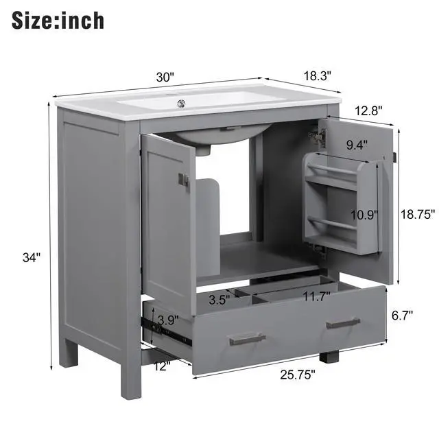 Alt view image 2 of 6 - 30 Inch Bathroom Vanity with Sink, Black Bathroom Vanity for Small Bathroom, Freestanding Vanity Cabinet with Door Shelves and Drawer Organizer, Ceramic Sink, 4-Inch Faucet Holes (Grey)