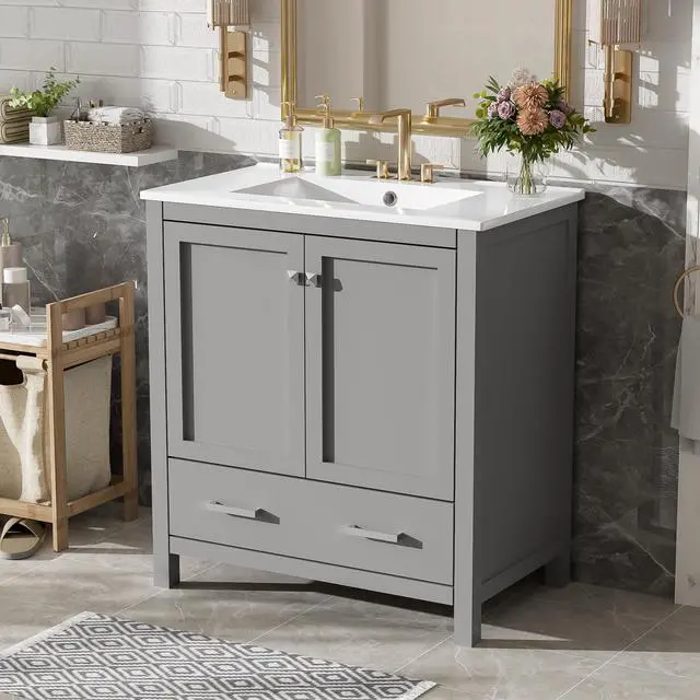 Alt view image 3 of 6 - 30 Inch Bathroom Vanity with Sink, Black Bathroom Vanity for Small Bathroom, Freestanding Vanity Cabinet with Door Shelves and Drawer Organizer, Ceramic Sink, 4-Inch Faucet Holes (Grey)