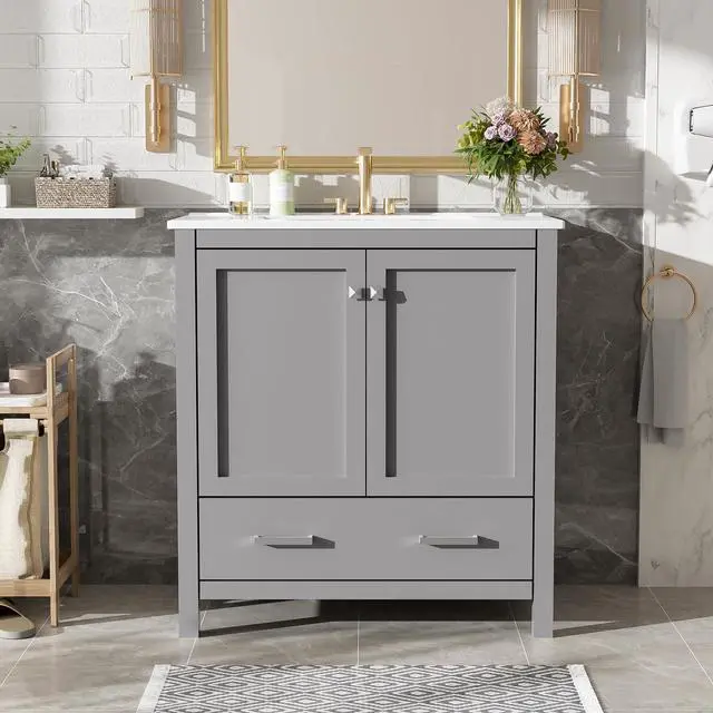 Alt view image 4 of 6 - 30 Inch Bathroom Vanity with Sink, Black Bathroom Vanity for Small Bathroom, Freestanding Vanity Cabinet with Door Shelves and Drawer Organizer, Ceramic Sink, 4-Inch Faucet Holes (Grey)
