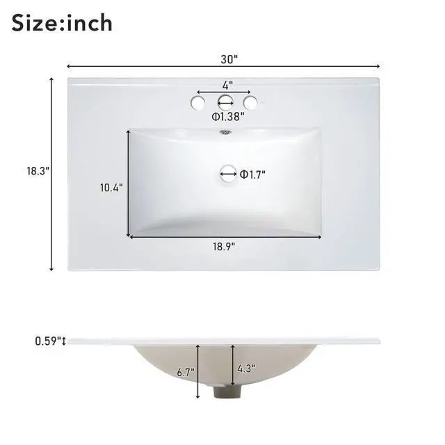 Alt view image 5 of 6 - 30 Inch Bathroom Vanity with Sink, Black Bathroom Vanity for Small Bathroom, Freestanding Vanity Cabinet with Door Shelves and Drawer Organizer, Ceramic Sink, 4-Inch Faucet Holes (Grey)