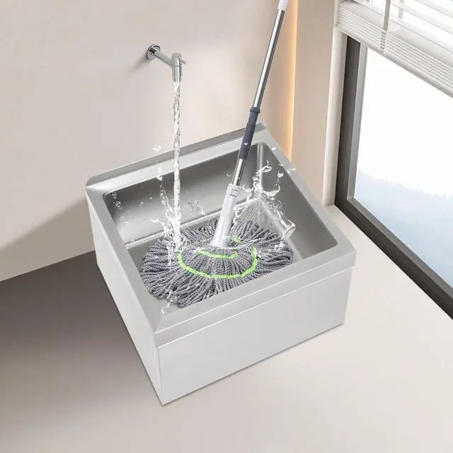 Alt view image 2 of 6 - Commercial Mop Sink 24x24x13in, 304 Stainless Steel Utility Mop Basin with Drain Assembly Wall-Mounted 9" Deep Tub for Restaurant/Hospital