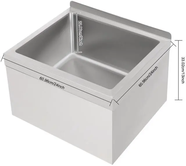 Alt view image 3 of 6 - Commercial Mop Sink 24x24x13in, 304 Stainless Steel Utility Mop Basin with Drain Assembly Wall-Mounted 9" Deep Tub for Restaurant/Hospital