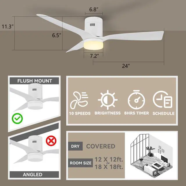 Alt view image 3 of 6 - 48 Inch Smart Ceiling Fans with Lights and Remote, Flush Mount Modern Ceiling Fan with Light, 10Speed Reversible DC Motor, Works with Remote Control/Alexa/Google Assistant/Siri Shortcuts, White