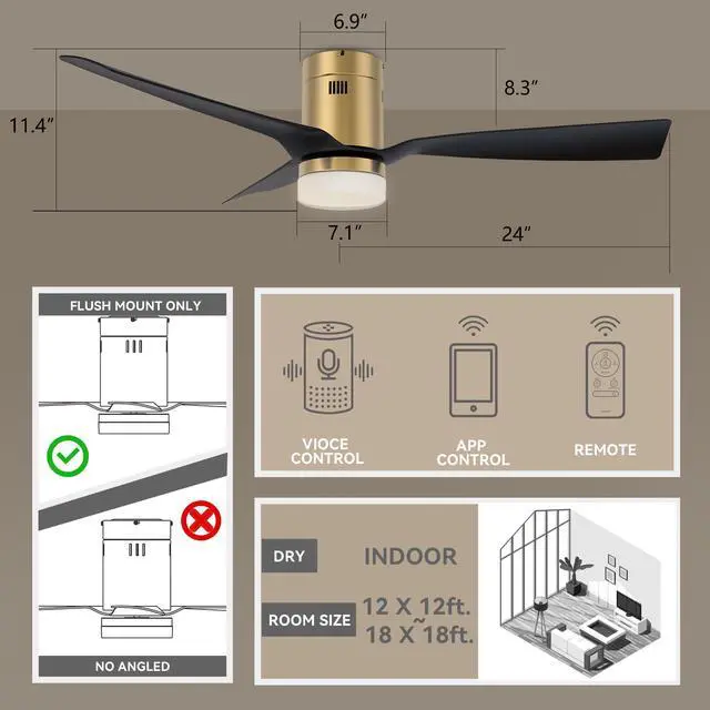 Alt view image 3 of 6 - 48 Inch 3-Blade Smart Ceiling Fan with Lights and 10-speed DC Motor Indoor Outdoor,Works Remote Control/Alexa/Google Home/Siri, Dimmable LED Light Black/Gold