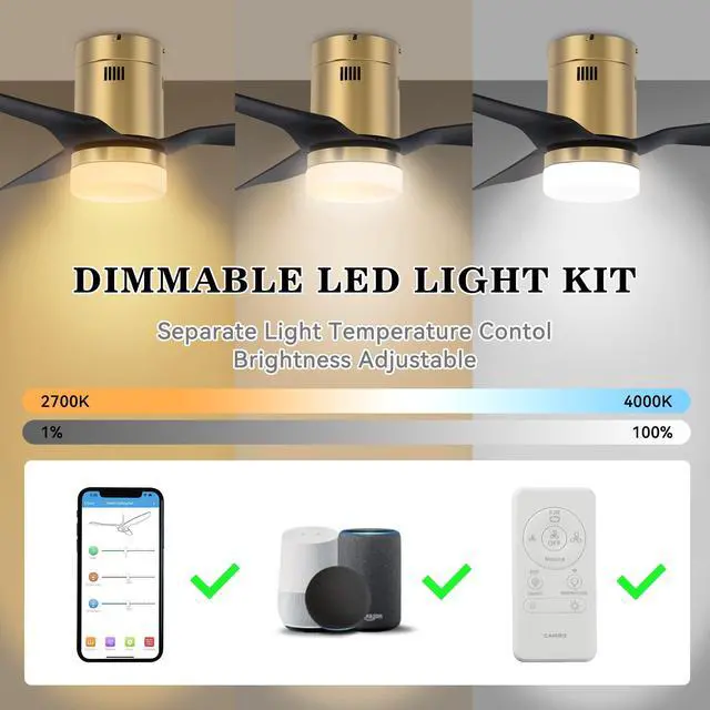 Alt view image 5 of 6 - 48 Inch 3-Blade Smart Ceiling Fan with Lights and 10-speed DC Motor Indoor Outdoor,Works Remote Control/Alexa/Google Home/Siri, Dimmable LED Light Black/Gold