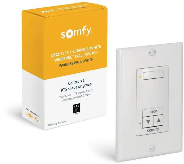 Main image of DecoFlex Wirefree RTS Wall Switch - 1 Channel - Pure White Tone - Control RTS Shades, Blinds, Curtains - Battery Pre-Installed, Button Labels, & Mount Included - #1810897