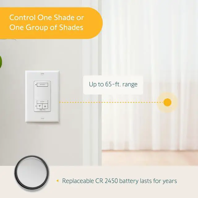 Alt view image 6 of 6 - DecoFlex Wirefree RTS Wall Switch - 1 Channel - Pure White Tone - Control RTS Shades, Blinds, Curtains - Battery Pre-Installed, Button Labels, & Mount Included - #1810897