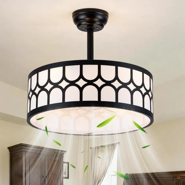 Main image of Fandelier Ceiling Fan with Light Remote Control, 20" Caged Chandelier Ceiling Fans with 6 Speeds 3 Timing Fabric Mid-Century Chandelier for Bedroom, Nursery, Dining Room (Black)