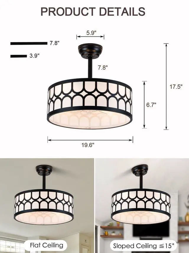 Alt view image 3 of 6 - Fandelier Ceiling Fan with Light Remote Control, 20" Caged Chandelier Ceiling Fans with 6 Speeds 3 Timing Fabric Mid-Century Chandelier for Bedroom, Nursery, Dining Room (Black)