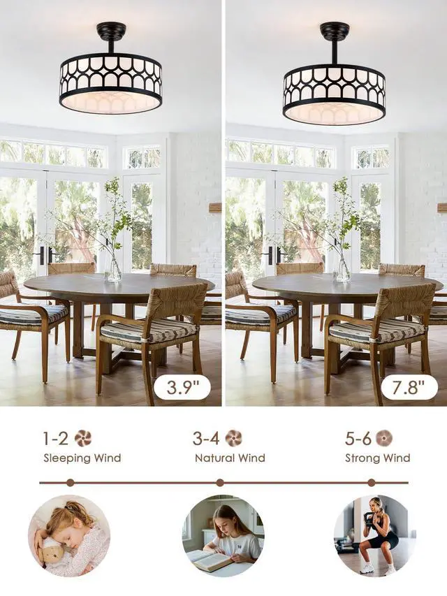 Alt view image 4 of 6 - Fandelier Ceiling Fan with Light Remote Control, 20" Caged Chandelier Ceiling Fans with 6 Speeds 3 Timing Fabric Mid-Century Chandelier for Bedroom, Nursery, Dining Room (Black)