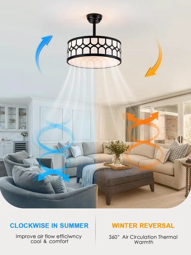 Alt view image 6 of 6 - Fandelier Ceiling Fan with Light Remote Control, 20" Caged Chandelier Ceiling Fans with 6 Speeds 3 Timing Fabric Mid-Century Chandelier for Bedroom, Nursery, Dining Room (Black)