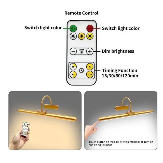 Alt view image 3 of 6 - 23" Wireless Picture Lights, Rechargeable Battery Art Display Light with Remote Control, Dimmable/Timer Off Dartboard Light, 3 Lighting Modes Full Metal Painting Display Lights (Gold-2Pack)