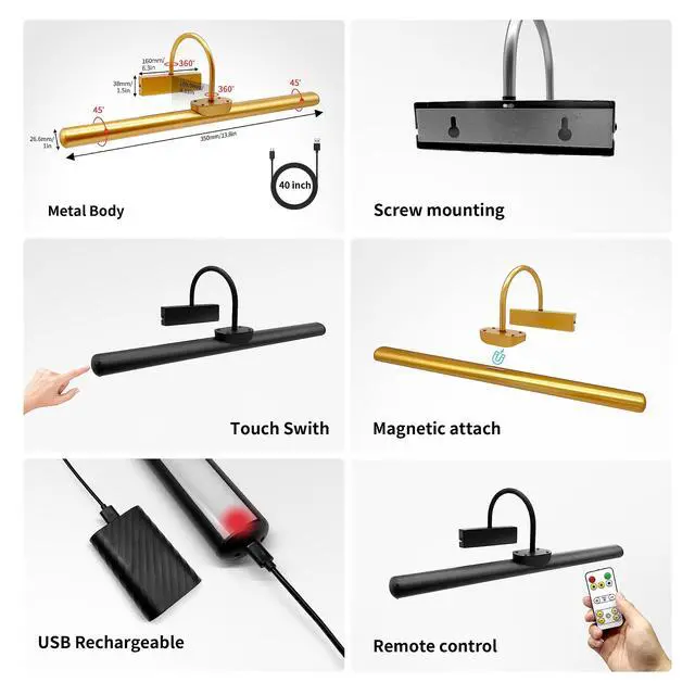 Alt view image 6 of 6 - 23" Wireless Picture Lights, Rechargeable Battery Art Display Light with Remote Control, Dimmable/Timer Off Dartboard Light, 3 Lighting Modes Full Metal Painting Display Lights (Gold-2Pack)